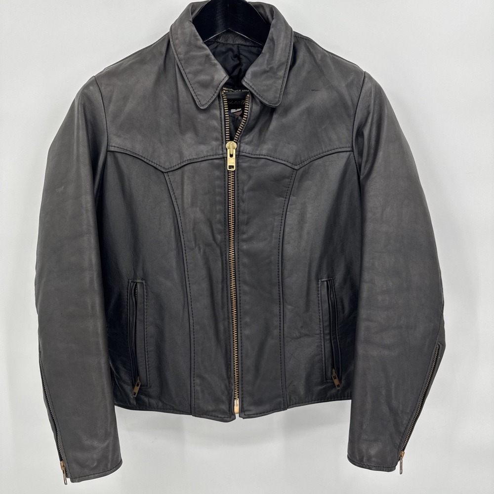 Vintage Natel Women's Size 8 Black Heavy Leather Motorcycle Jacket Made in USA - Picture 1 of 16
